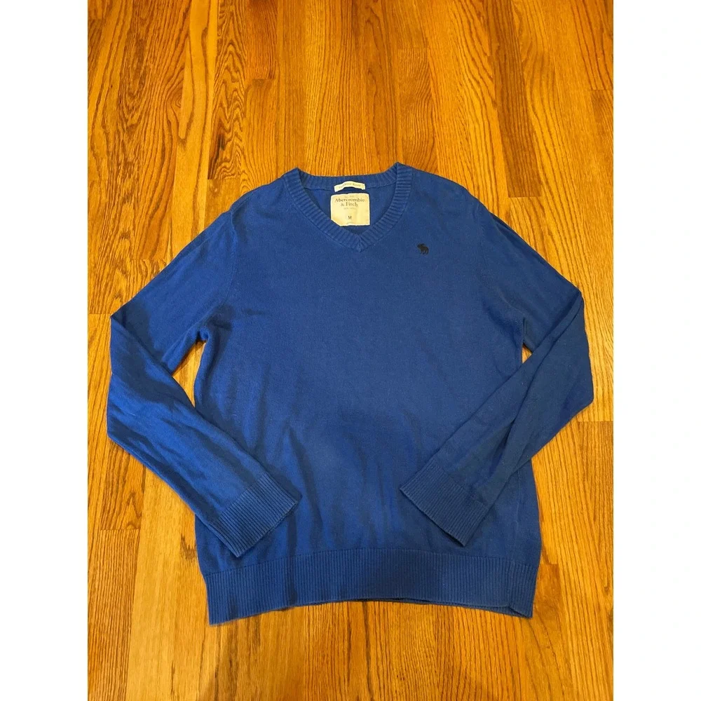 Abercrombie & Fitch‎ Mens Sweater Medium Blue Cashmere Blend V-Neck Moose Logo